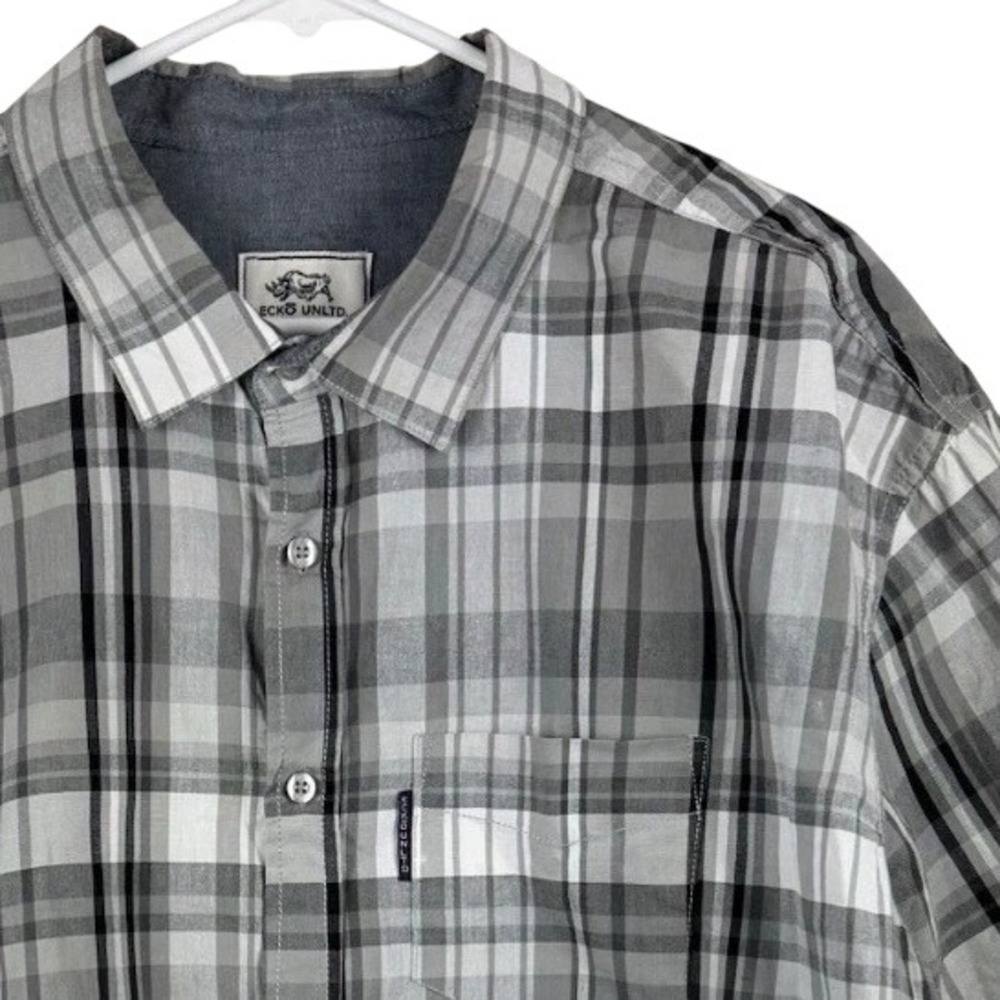 Ecko Unltd Button Down Shirt Mens XXL Gray Plaid Short Sleeve Streetwear Skater